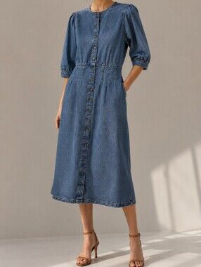 Atelier Rêve Denim Button-Front Midi Dress | EU 34 | Boho Chic | Cottagecore | L